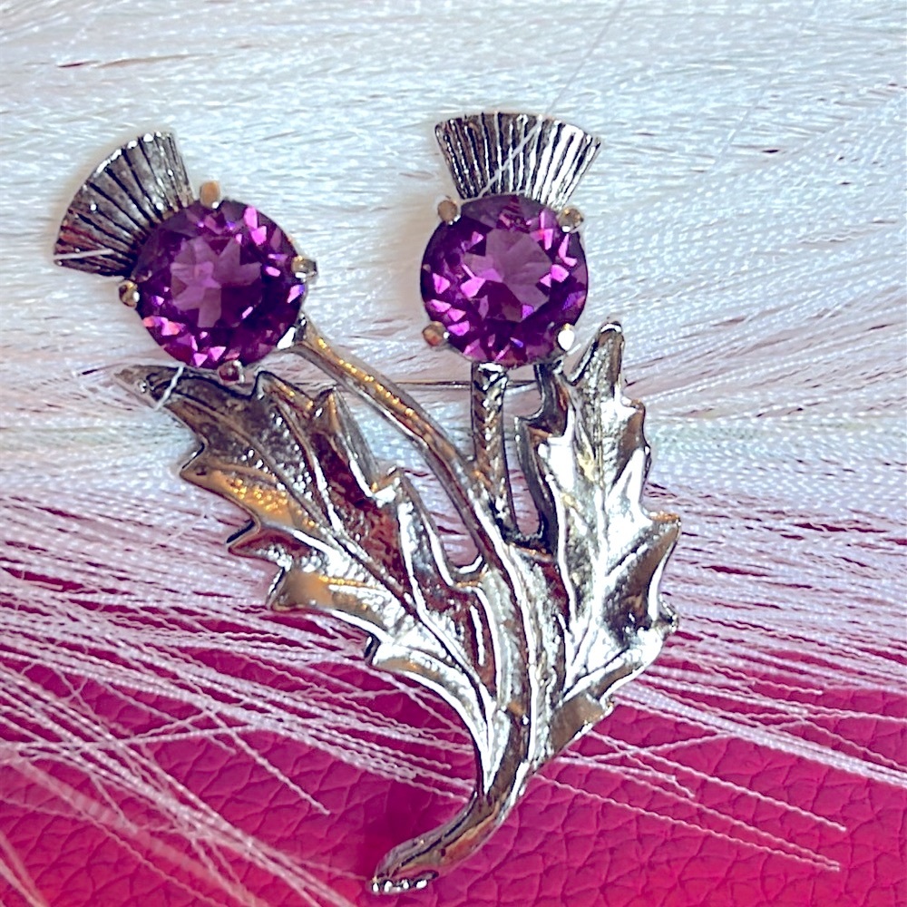 Vintage Scottish Thistle Brooch Pin Purple Rhinestone